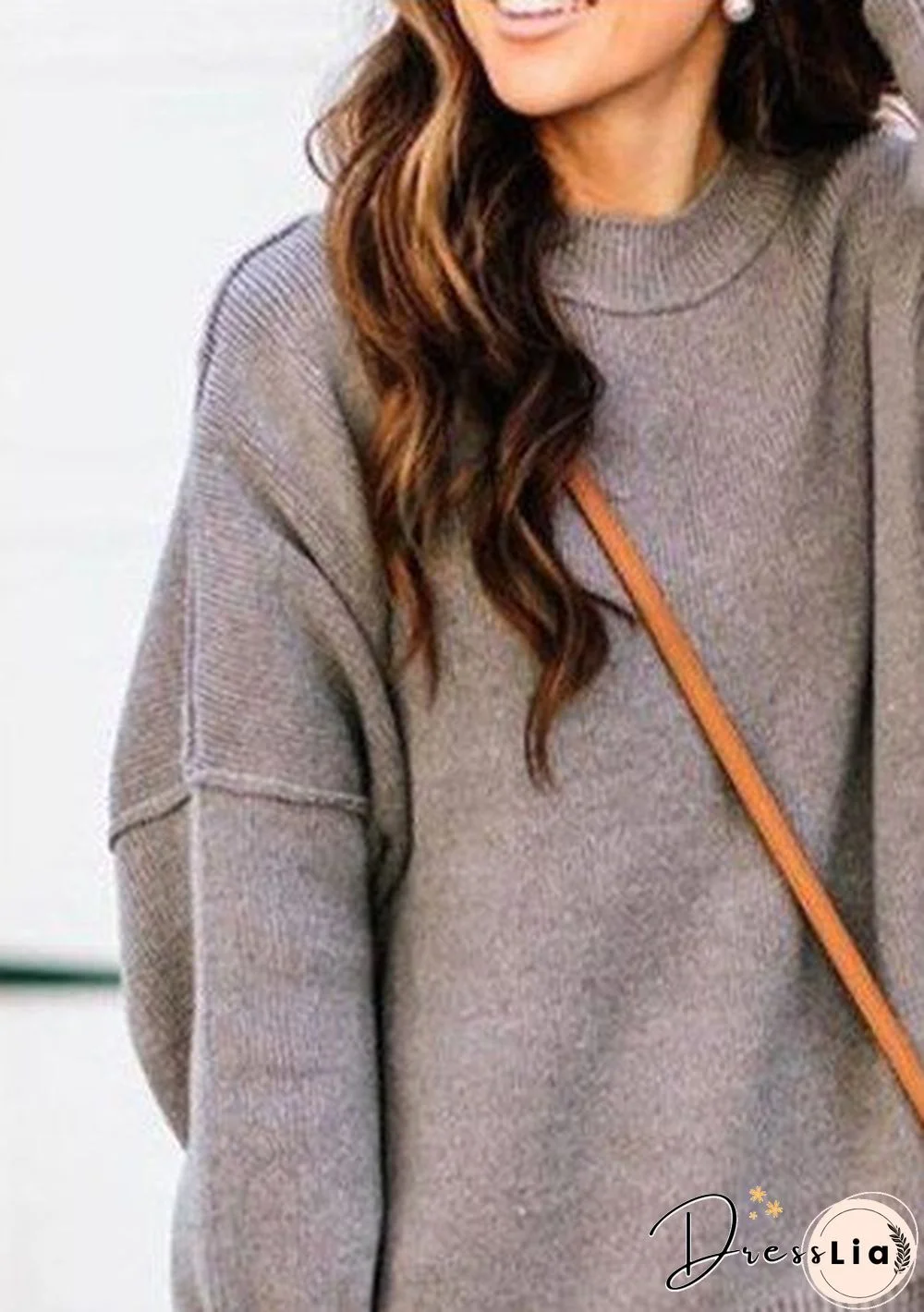 Deep Gray Crew Neck Casual Cotton-Blend Plain Sweater