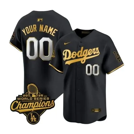 Men's Los Angeles Dodgers Custom Black Golden 2025 World Series Champions Home Limited Jersey