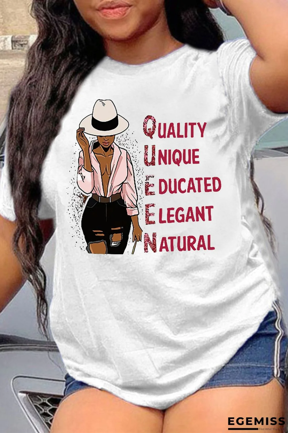 White Pink Fashion Casual Print Basic O Neck T-Shirts | EGEMISS
