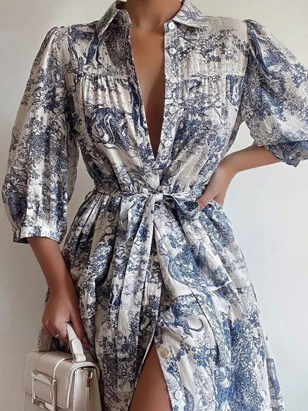 Loose Puff Sleeves Pleated Printed Split-Joint Tied Waist Lapel Mini Dresses Shirt Dress