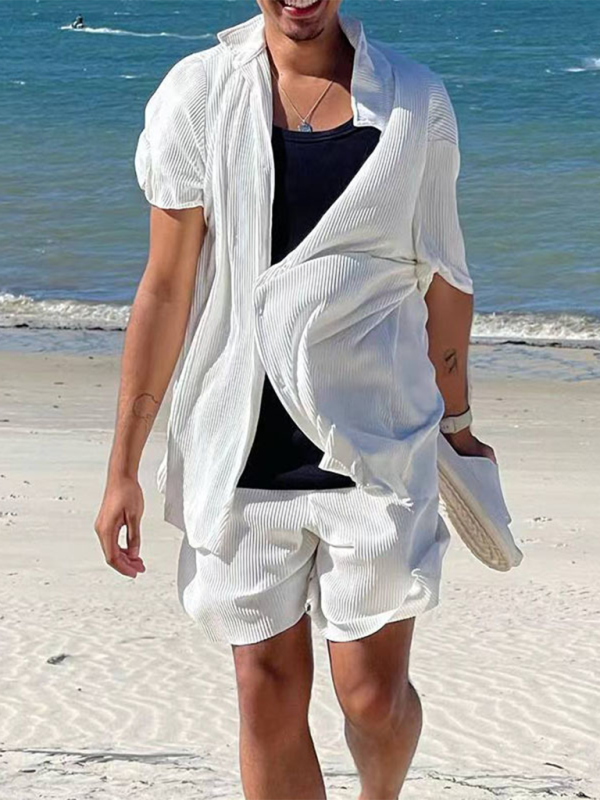 Mature Men Casual Loose Beachwear Solid Color Striped Short-sleeved Two Piece Set Suit