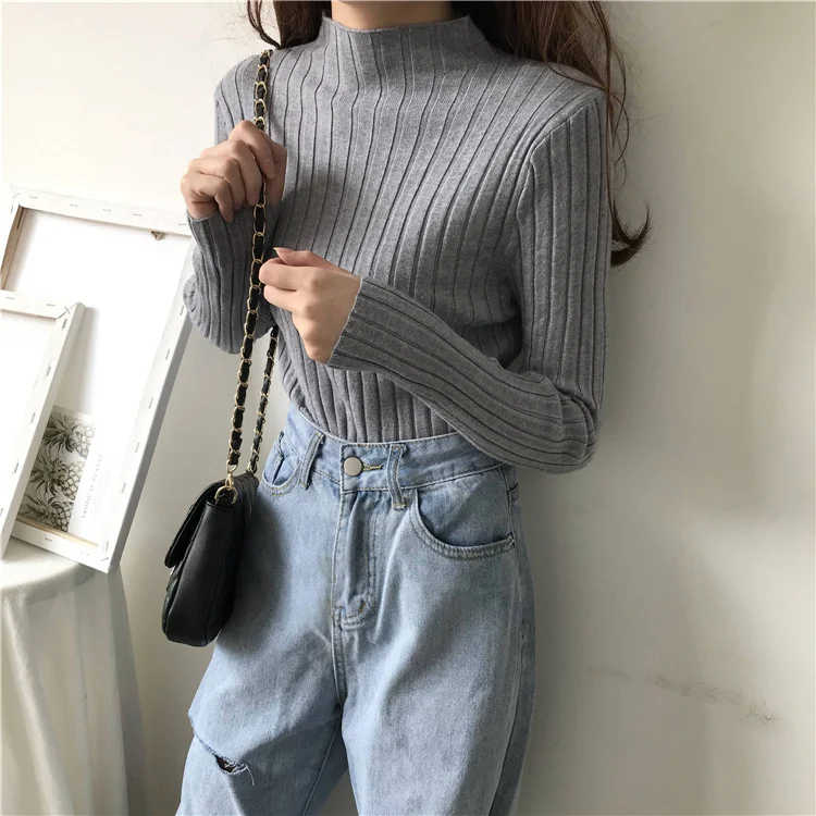 Uveng Uveng Winter Half-High Sweater Women Long Sleeve Pure Color Spring And Autumn Pit Stripe Loose Knitted Bottom Shirt