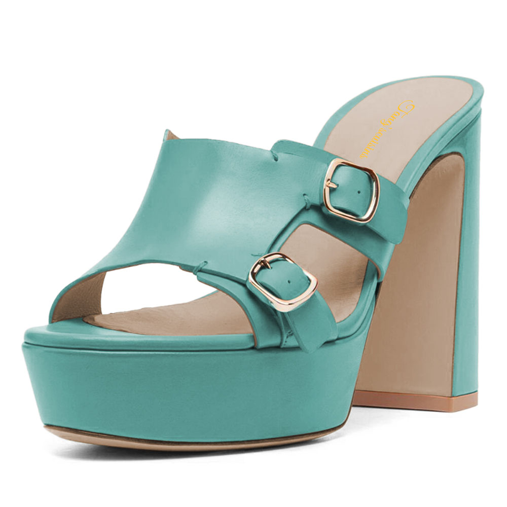 Turquoise Chunky High Heel Buckle Round Toe Platform Mules Sandals Nicepairs