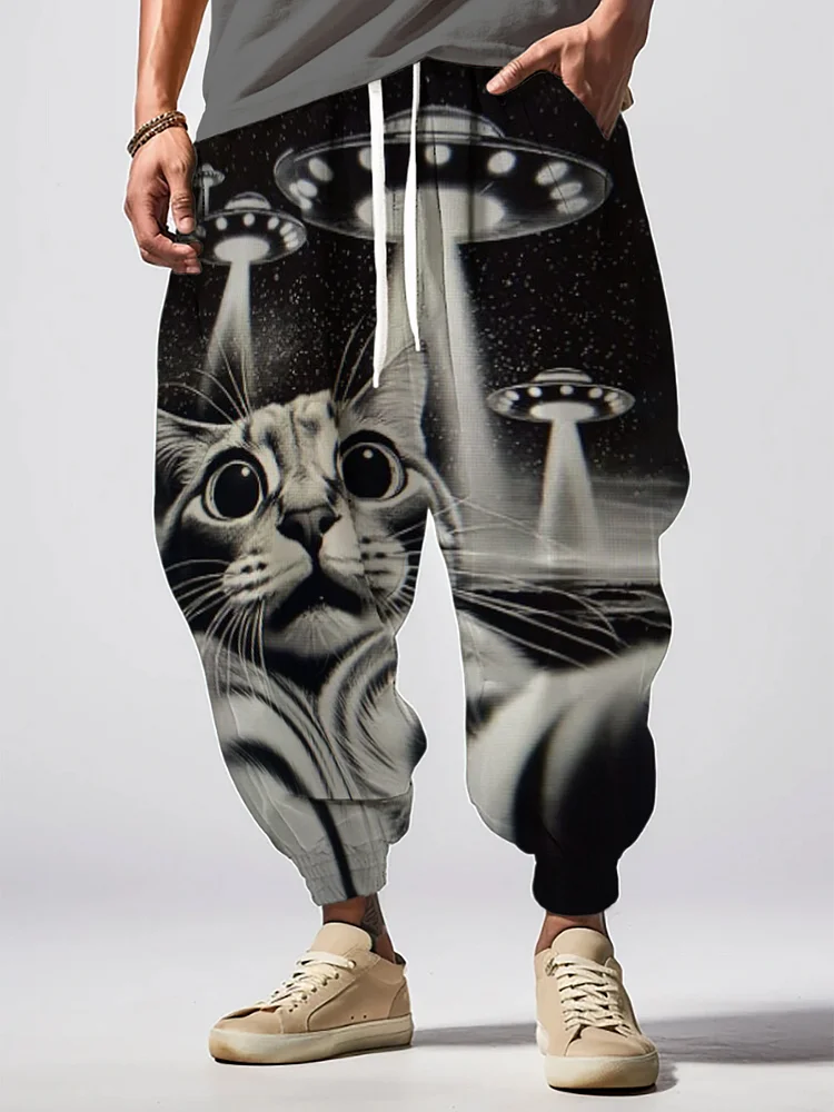 Men's Frightened Cat UFO Futuristic Sci-Fi Art Print Loose Drawstring Waist Sweatpants