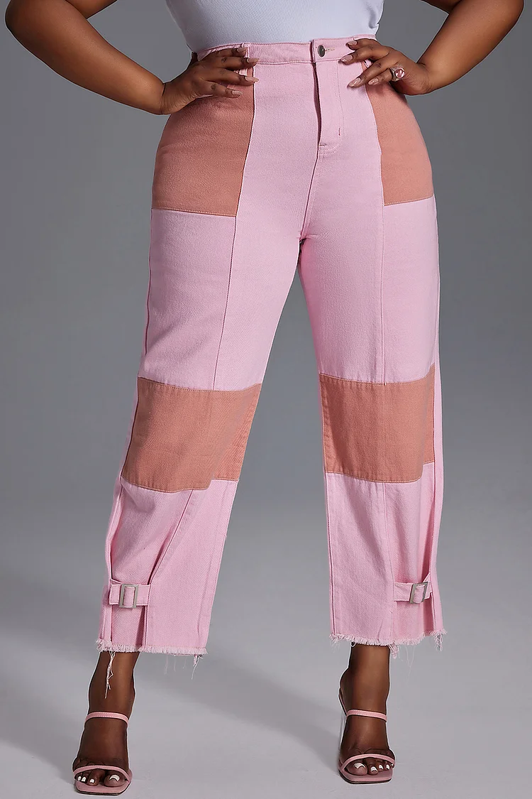 Xpluswear Design Plus Size Daily Jeans Pink Denim Patchwork High Waist Straight Leg Jeans With Pocket [Pre-Order]