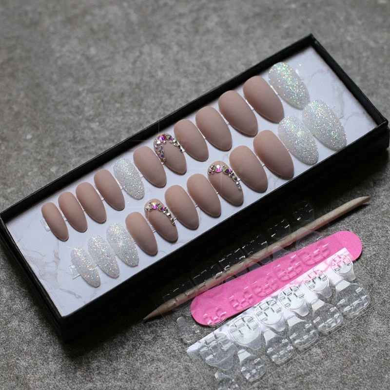 Matte glitter art nails box Match press on nails Burgundy AB rhinestone fasle nails stiletto Custom nails white blue pink-Nail Inspo