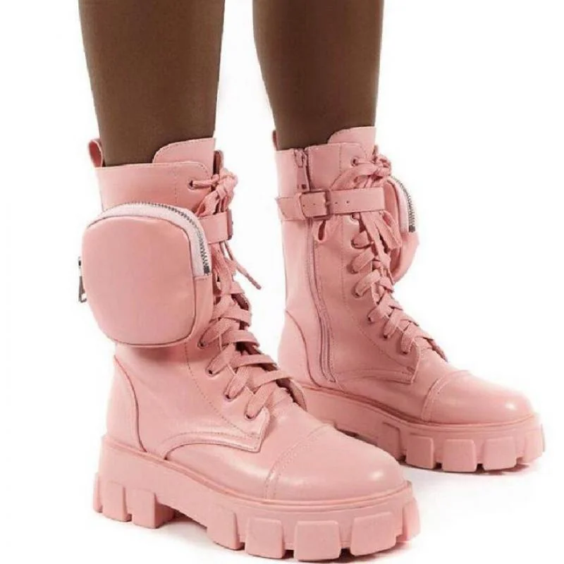 2020 Autumn Winter Bootie Pocket Buckle Strap Pink Chunky Boots Leather Patchwork Arrival Platform Boots Mid-calf Cross-tied
