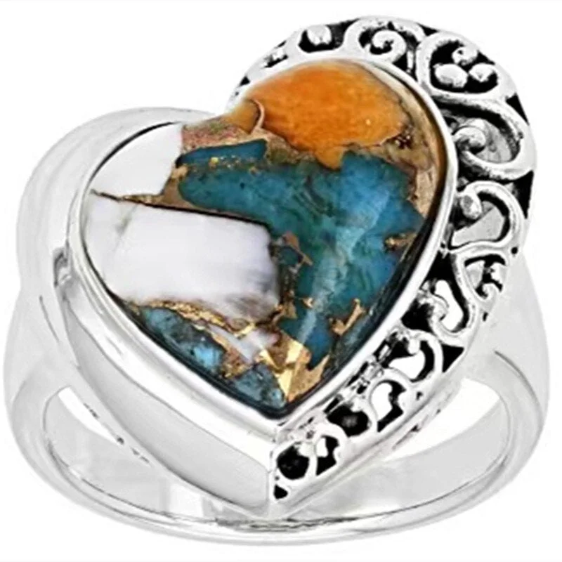 Vintage Heart Ladies Ring Classic Silver Color Metal Engraving Pattern Blue Orange Green Stone Ring Party