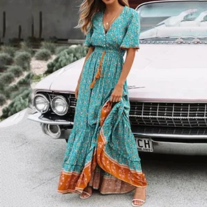 floor length half sleeve v neck maxi dress