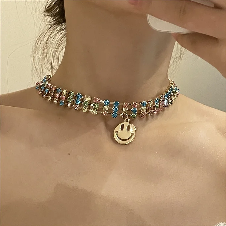 Colorful Zircon Gold Smiley Pendant Necklace KERENTILA