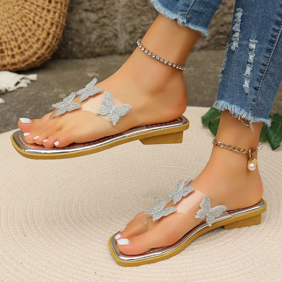 Proslotss stylish dresses for women 2025 Women's PVC Slippers on Sale 2025 Summer New Fashion Bowknot Flip Flops Ladies Bling Slip-on Dress Slides Female Zapatos Mujer