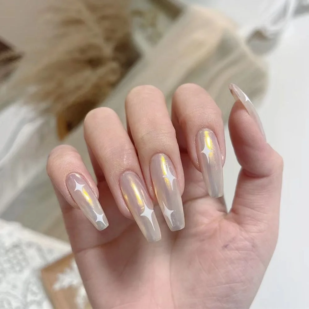 24PCS/Box Artificial Nails With Glue Milky White Pink Gradients Long Ballet Nail Stick Fake Nail Tips Full Cover Acrylic 2021-Nail Inspo