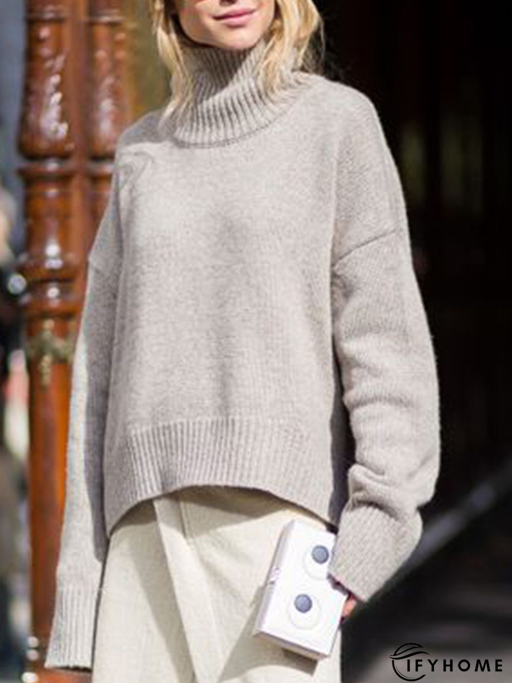 High Neck Solid Simple Off Shoulder Sweater | IFYHOME