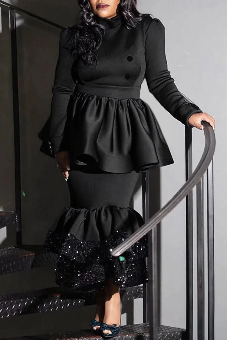 Plus Size Mother Of The Bride Black Mock Neck Long Sleeve Mermaid Elegant Peplum Two Piece Skirt Sets [Pre-Order]