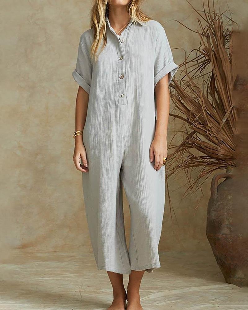 Casual Loose Short Sleeve Button Jumpsuit