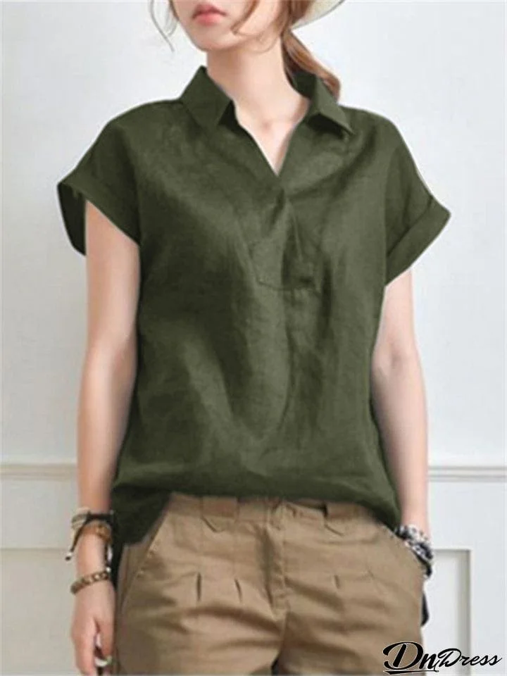 Summer Elegant V-neck Short Sleeve Office Cotton Blouses for Lady