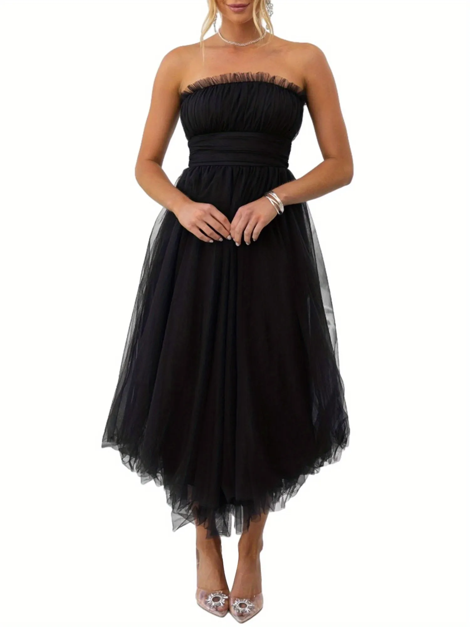Womens strapless backless party dress flowy flared skirt formalstreetwear outfit elegant
