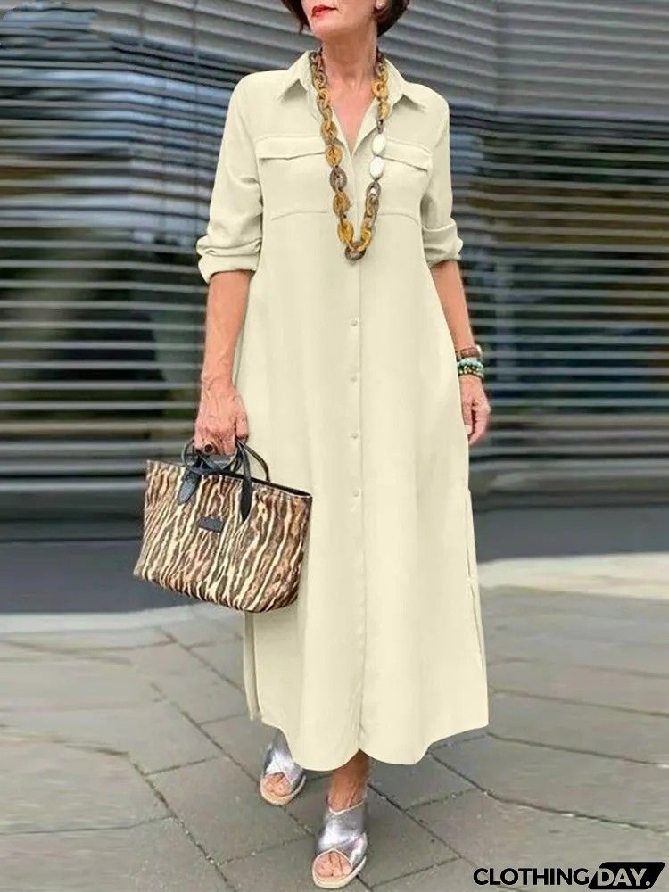 Women Fashion Casual Solid Color Long Sleeve Button Laps Plus Size Dress