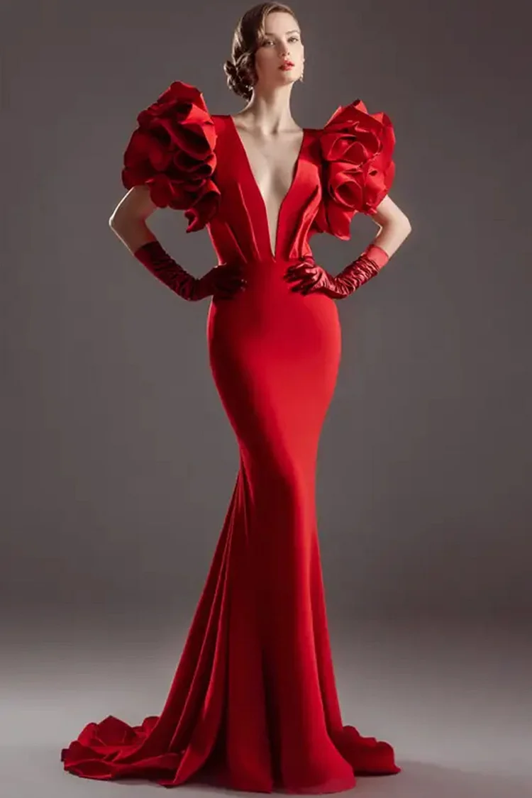 Deep V Neck Ruffle Sleeve Mermaid Maxi Dress-Red [Custom-Made]