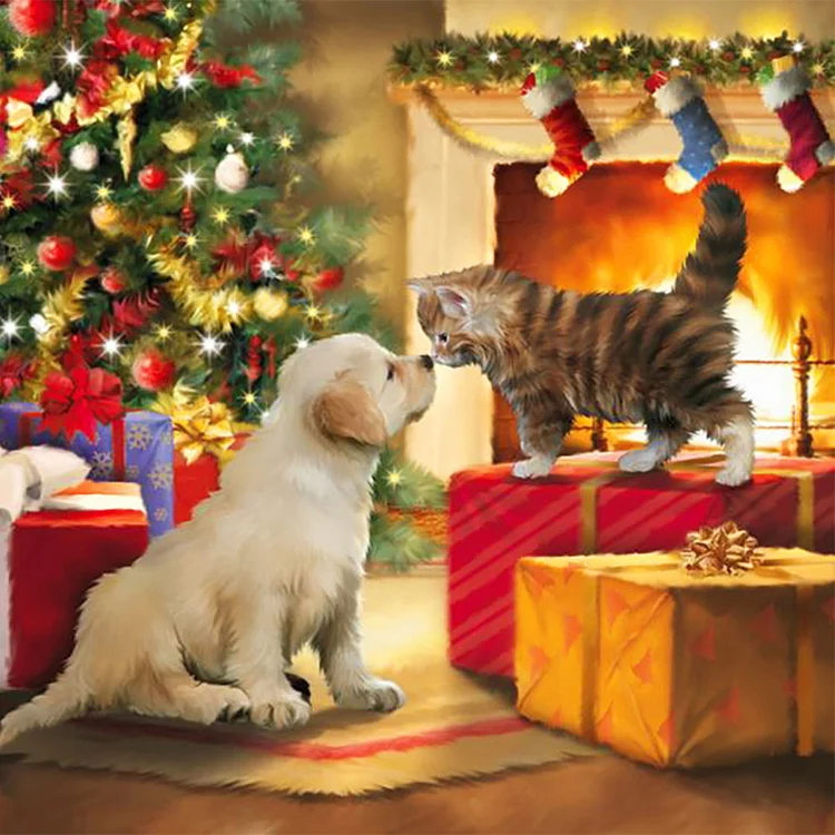 Christmas Cat And Dog 40*40CM (Canvas) Full Round Drill Diamond Painting gbfke