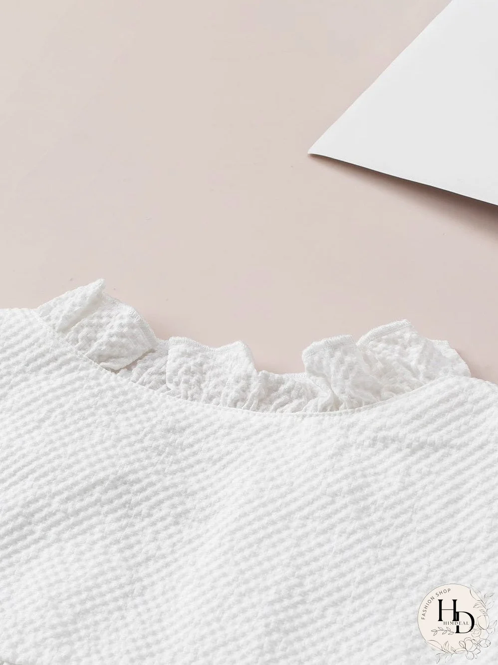 White Waffle Knit Flutter Sleeve Blouse with Notch Neck Detail