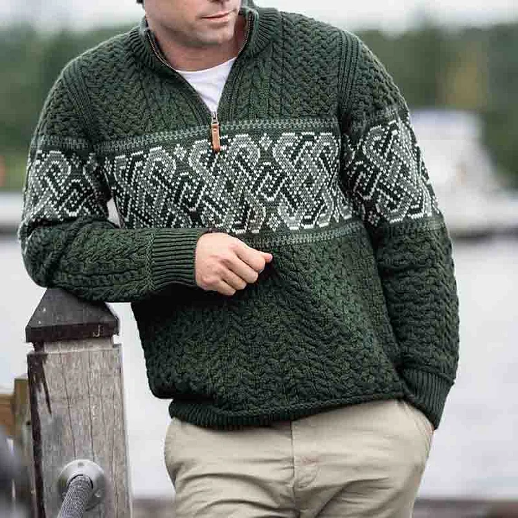 Utbros Men'S Celtic Knot Jacquard Aran Knitted Sweater