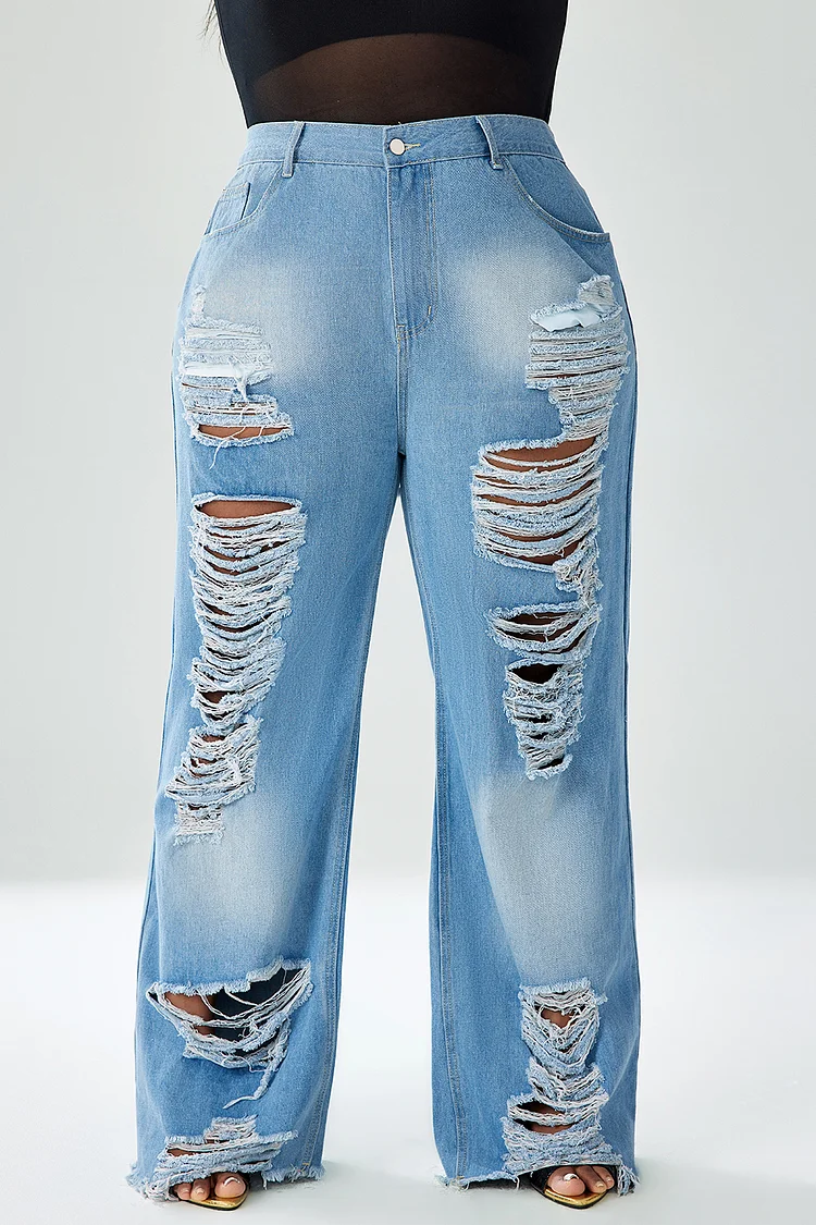 Xpluswear Design Plus Size Casual Blue Hollowed Out Wide Leg Distressed Jeans