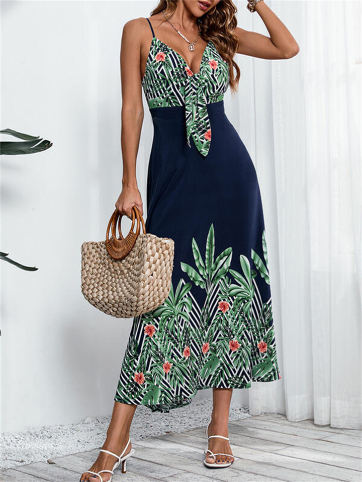 New Floral Print Sleeveless Lace-up A Word Dress Holiday Midriff Button Collar Halter Dress Mid-length Dress Urban Wind