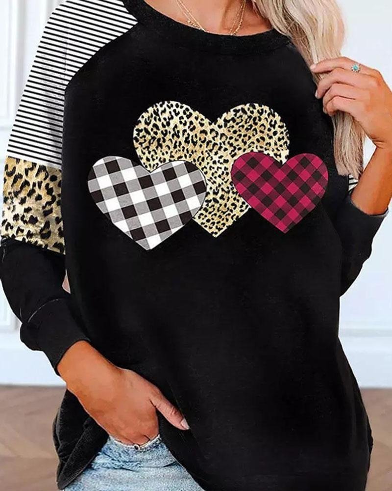 Women's Stripe Leopard Plaid Heart Print Round Neck Long Sleeve Plus Size Top