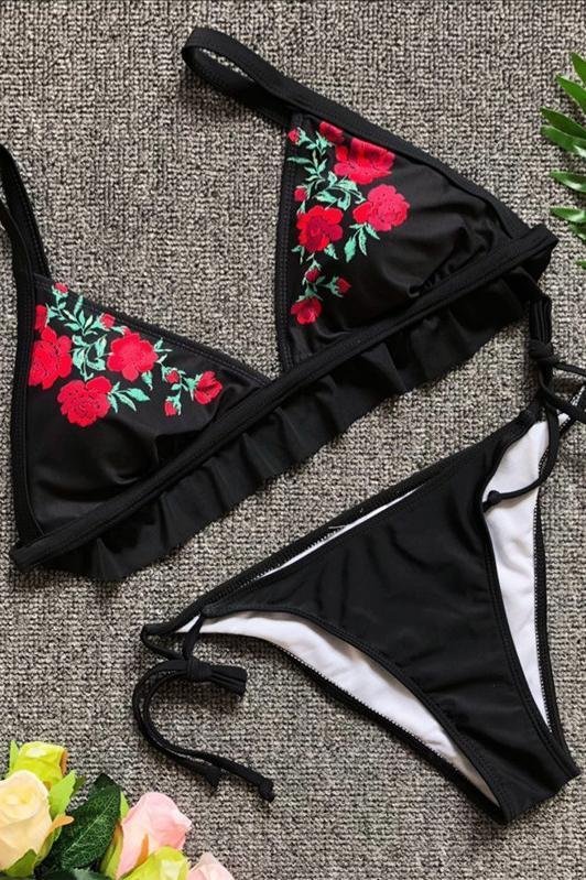 Black Floral Embroidery Triangle Ruffle Trim Side Tie Sexy Cheeky Bikini Swimsuit-elleschic