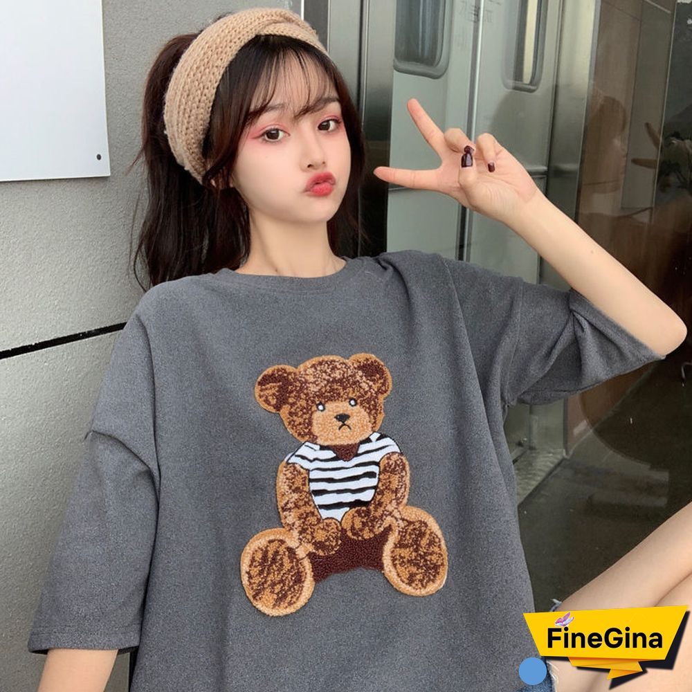 Harajuku Streetwear Oversized Women Tshirts Korean Cute Bear Half Sleeve Loose T-Shirt Fashion Casual Tees Summer Couple Clothes