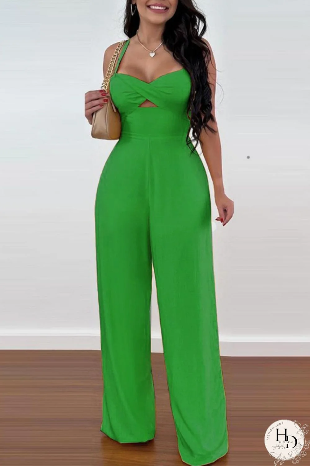 Green Sexy Casual Solid Hollowed Out Backless Spaghetti Strap Regular Jumpsuits
