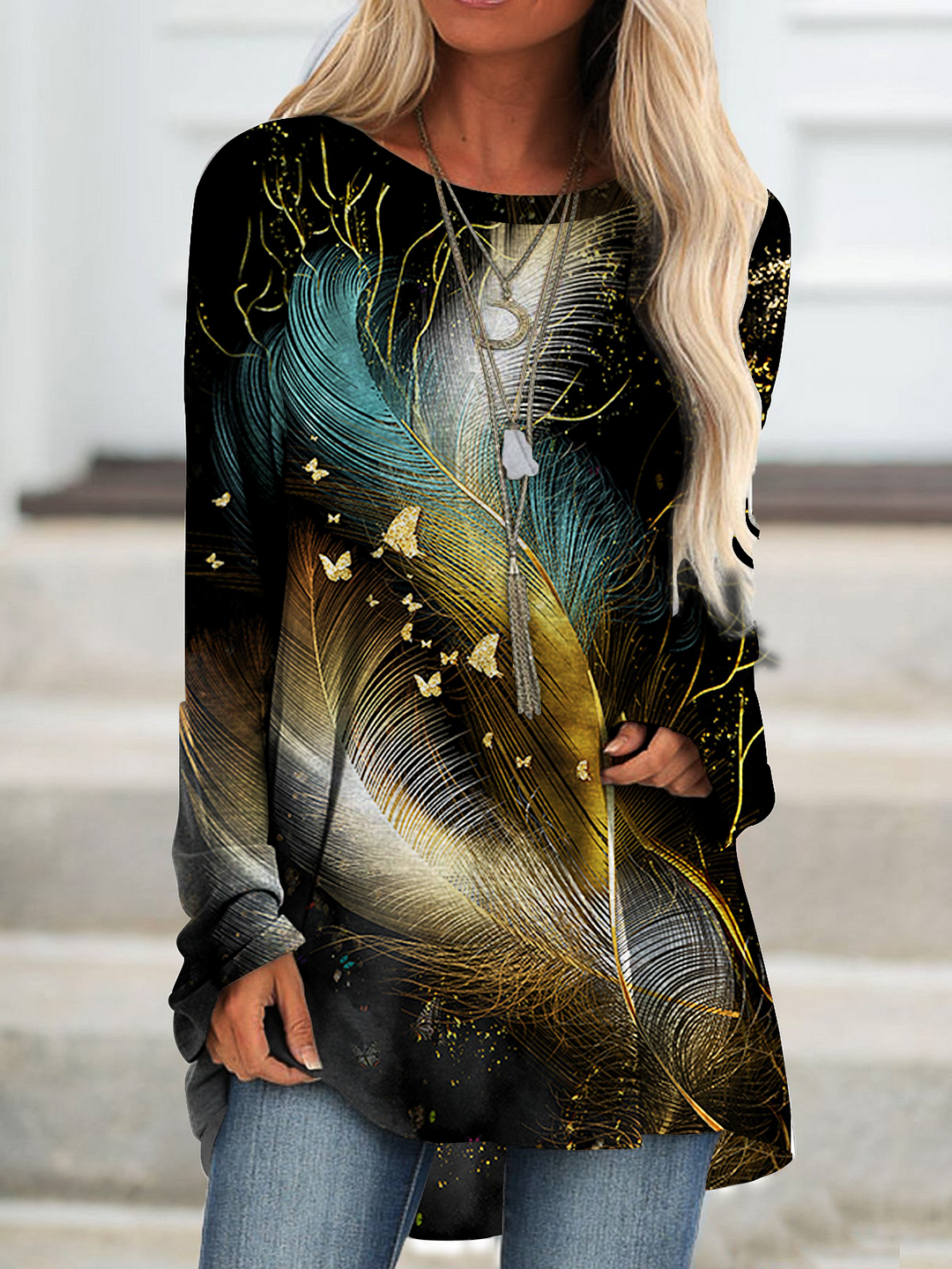 Feather Butterfly Print Long Sleeve T-shirt