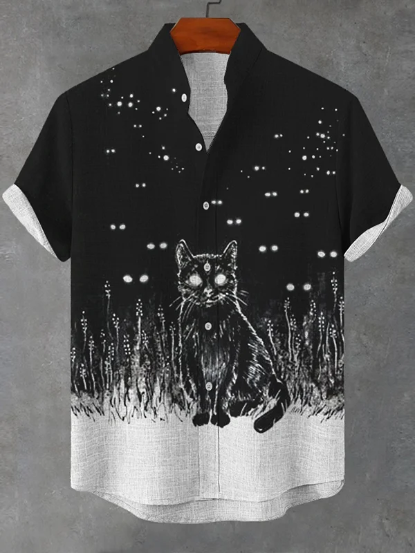 Men's Scary Cat Lots Of Eyes Art Print Linen Blend Shirt