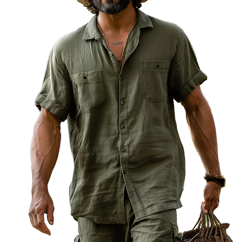 Men's Simple Army Green Linen Long-Sleeved Shirt