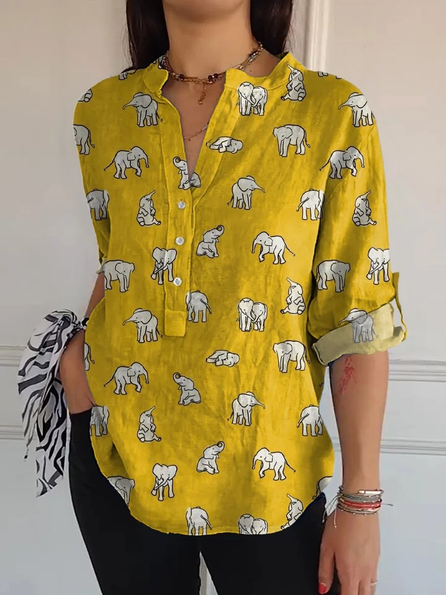 Petite Elephant Pattern Printed Women's Casual Long Sleeve Comfortable Cotton Shirt