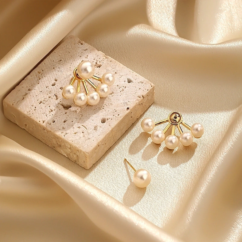 1 Pair Elegant Luxurious Minimalist Sector Inlay Freshwater Pearl Copper Freshwater Pearl 18k Gold Plated Ear Studs4