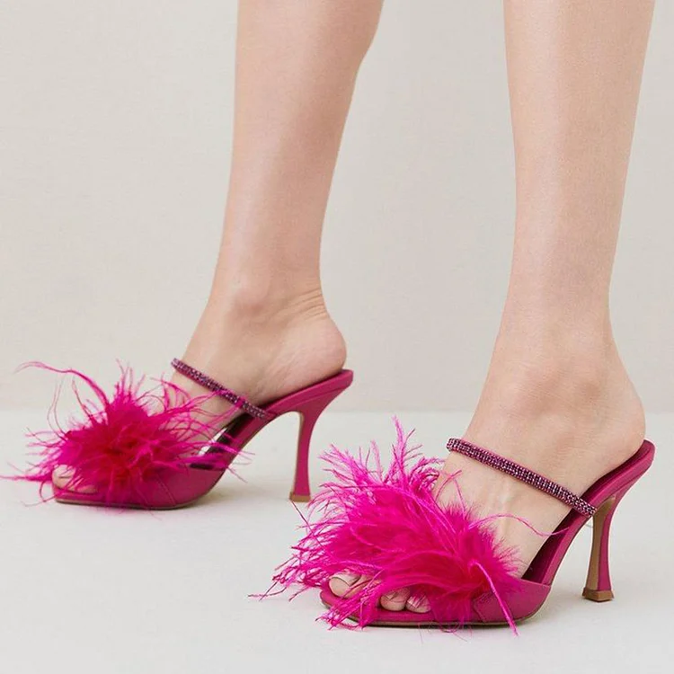 Women's Square Toe Furry Shoes Elegant Stiletto Rhinestone Sandal Party Mule Heels |FSJ Shoes