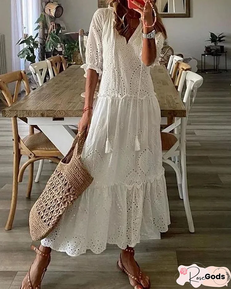 Soft Cotton Hollow Out Mid Sleeve Maxi Dress