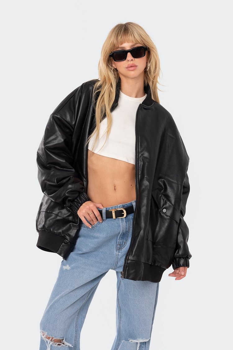 Faux Leather Oversized Bomber Jacket