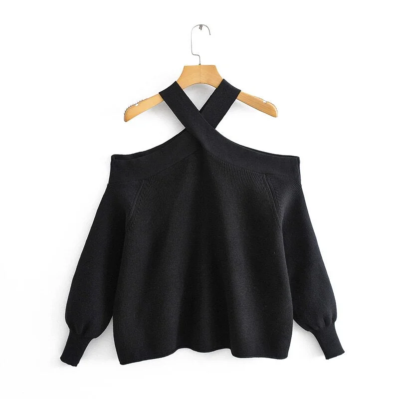 Spring and autumn female casual solid color sweater hanging neck strapless loose sweater