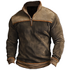 Men's Vintage Suede Patchwork Lamb Fleece Quarter Zip Stand Collar Pullover by Inlyline
