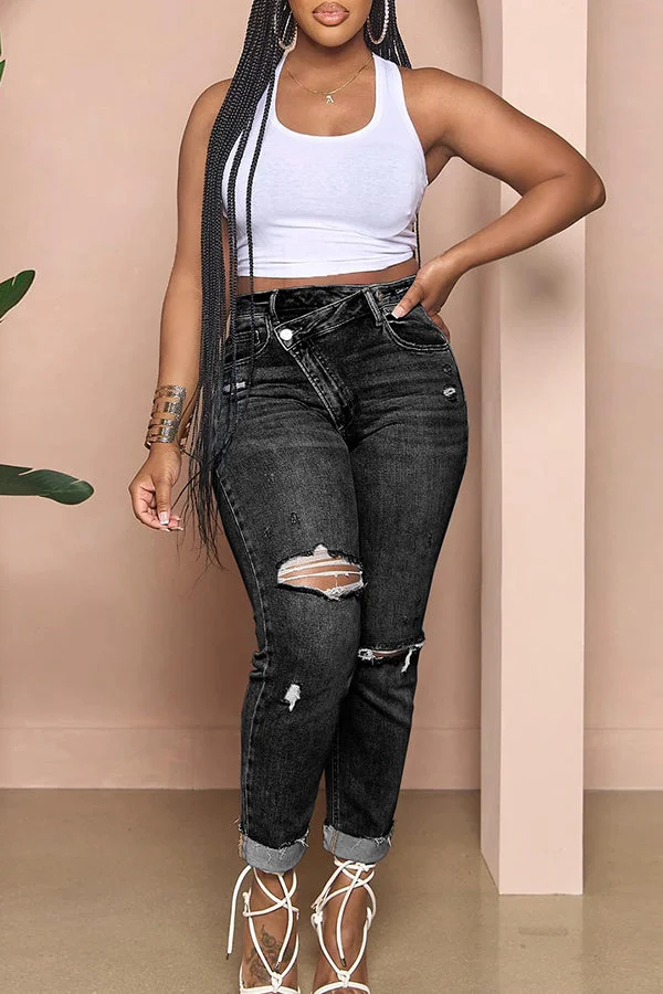 Casual Ripped Diagonal Buckle Stretch Jeans