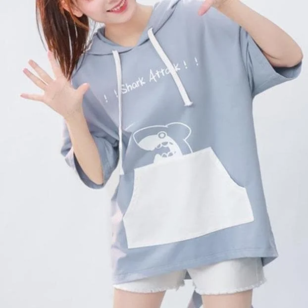 Light Blue Shark Print Sweet Cute Girl Hooded T-Shirt SS1129