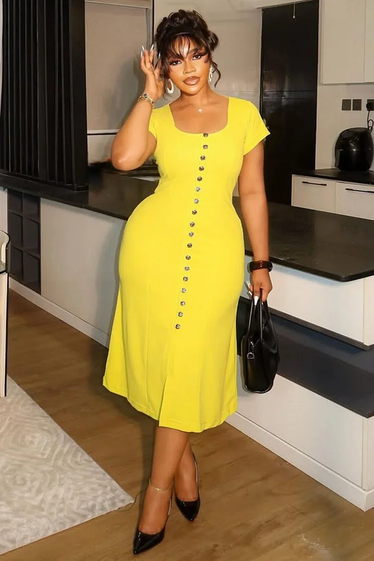Square Neck Cap Sleeve Button Up Slit Daily Midi Dresses-Yellow [Pre Order]