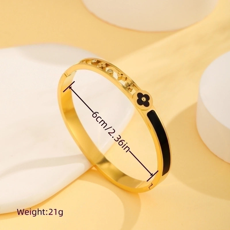 304 Stainless Steel 18K Gold Plated Elegant Luxurious Plating Inlay Four Leaf Clover Rhinestones Bangle
