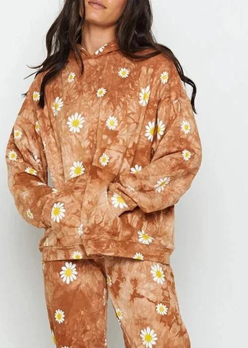 Daisy Print Tie Dye Hoodies Women Yellow Sweatshirts