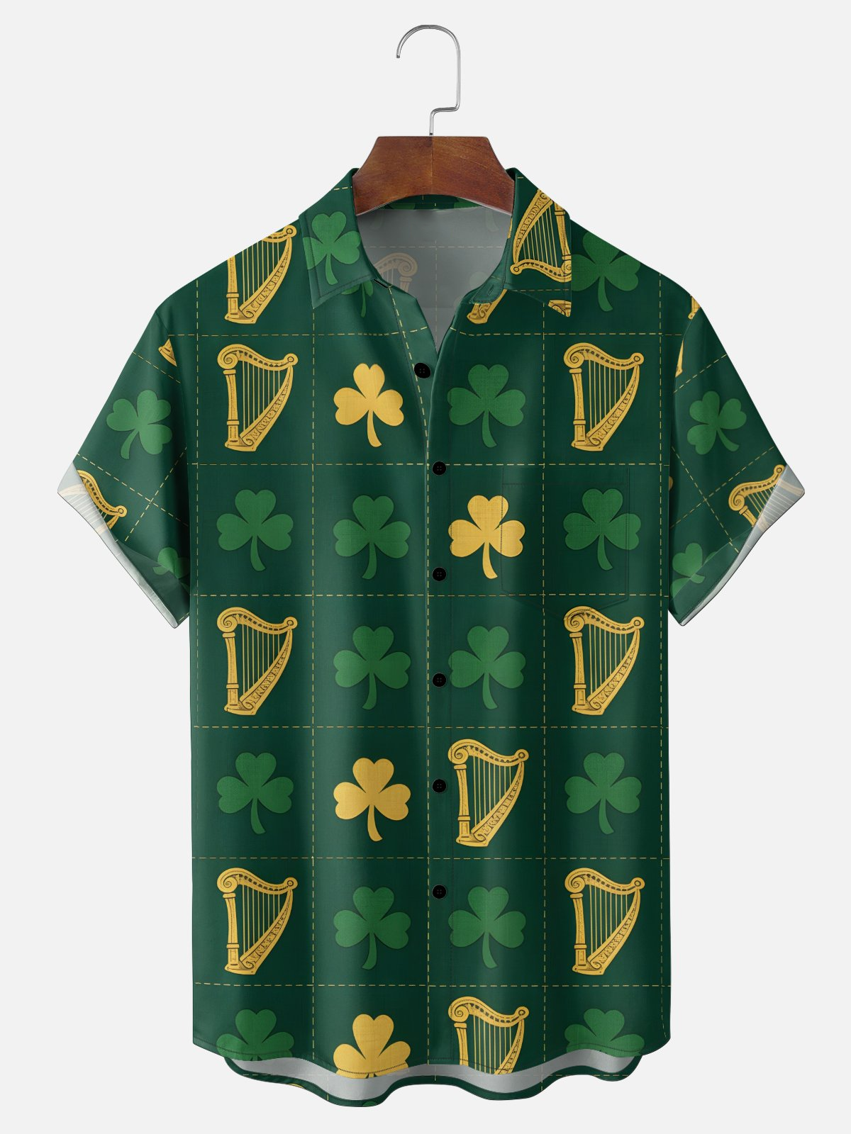Moisture-wicking Saint Patrick&lsquo;s Day Harp Shamrock Chest Pocket Casual Shirt PLUSCLOTHESMAN
