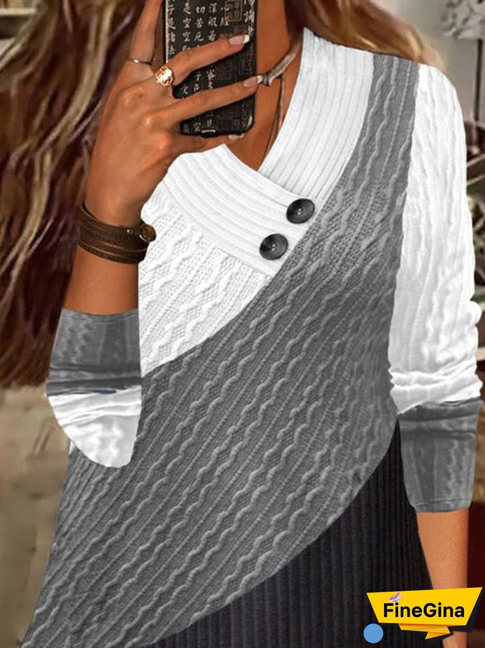 Women's Long Sleeve V-neck Colorblock Graphic Printed Top