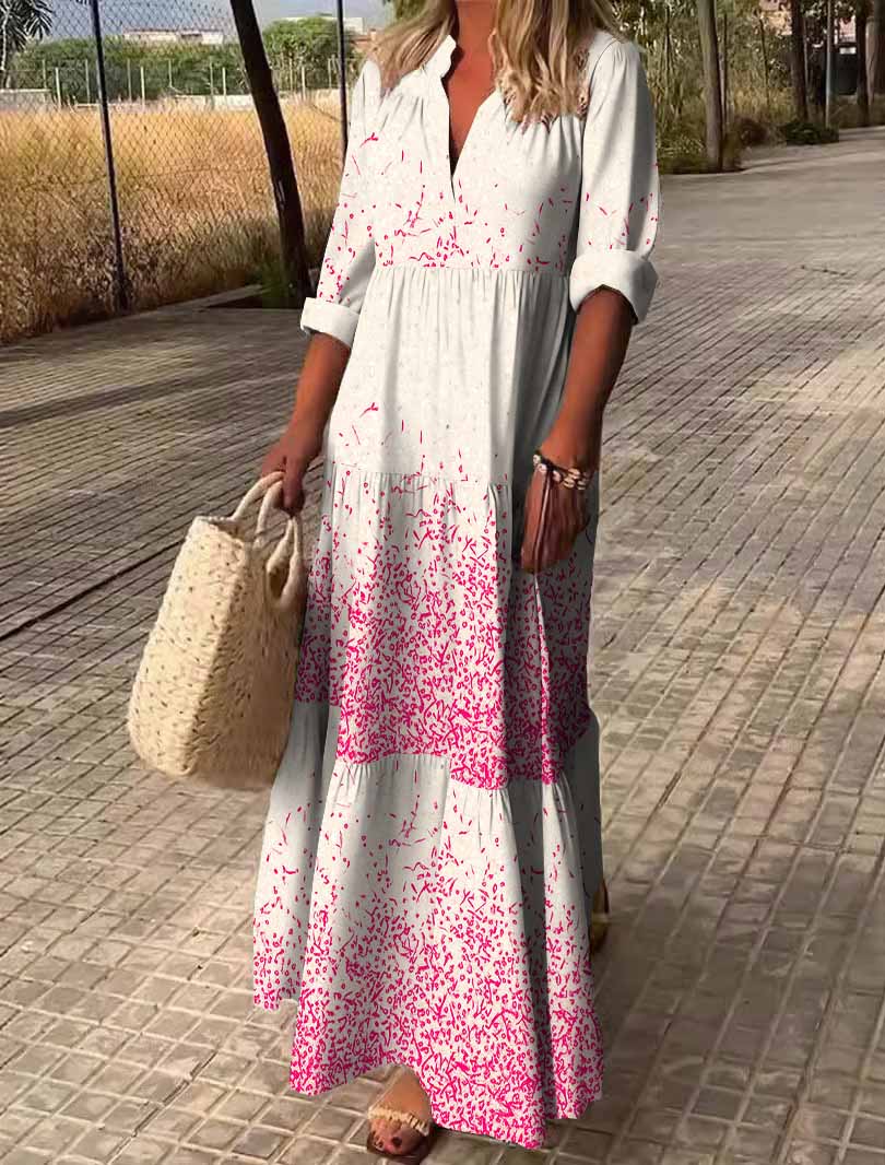 Women Polka Dot, Red DZDN0470 SPU Printed Long Sleeve V-neck Maxi Dress